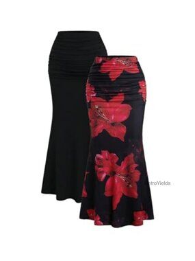 Women's 2 Pack Fishtail Skirt Ruched Bodycon Midi Skirts Floral
